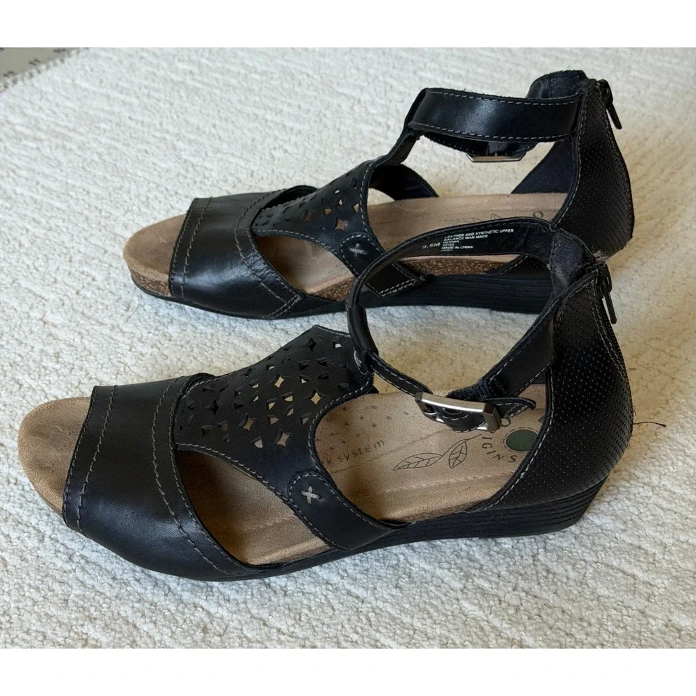 Earth Origins Hermia Black Leather Wedge Sandals‎ Laser Cut Strappy Womens 9.5M